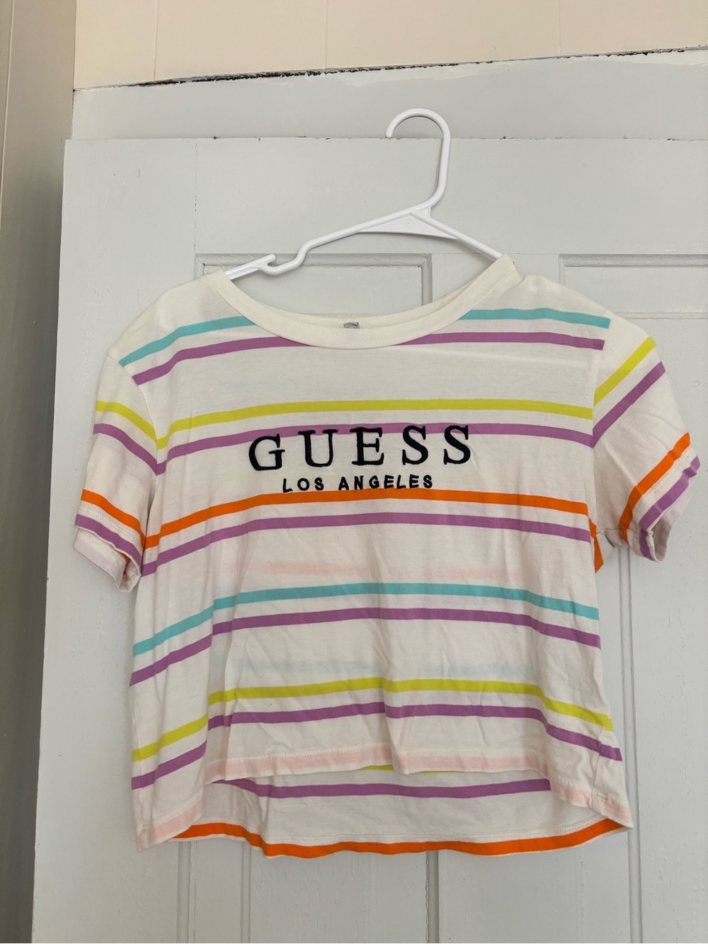 Guess White Striped Crop Top with Multicolor Pastel Stripes